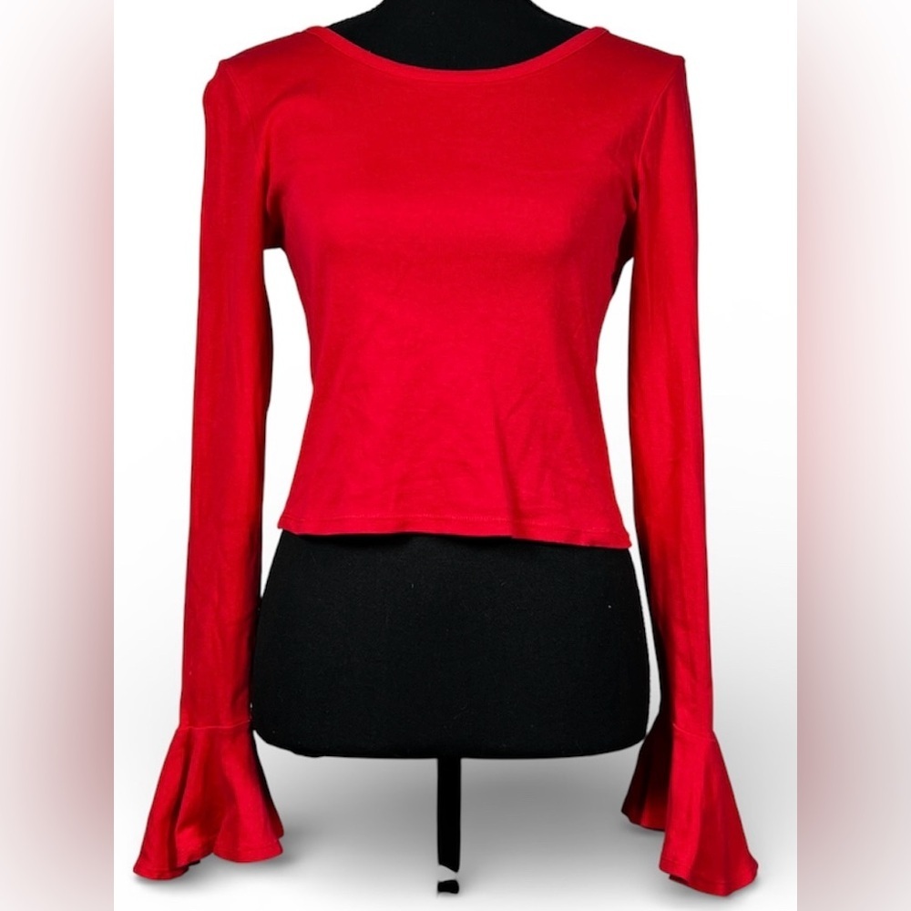 Mauve by Anthropologie Red Bell Sleeve 100% Cotton Top, Size Extra Small - Picture 3 of 9